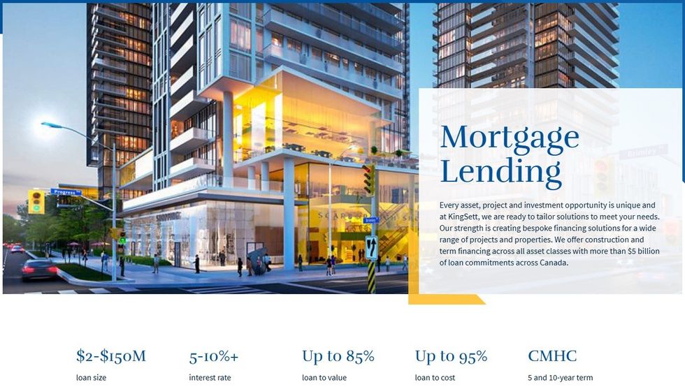 A summary of KingSett Capital's mortgage lending parameters listed on its website.