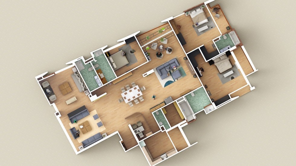 A three-bedroom apartment floorplan.
