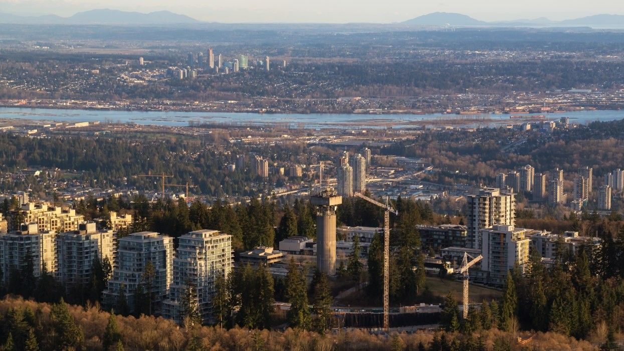 Aerial view from Burnaby Mountain with Surrey in the distance.