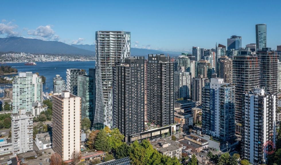 Aerial view of 1525-1555 Robson Street in the West End of Vancouver.