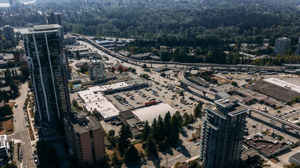 Aerial view of Cariboo Centre from above Austin Avenue.