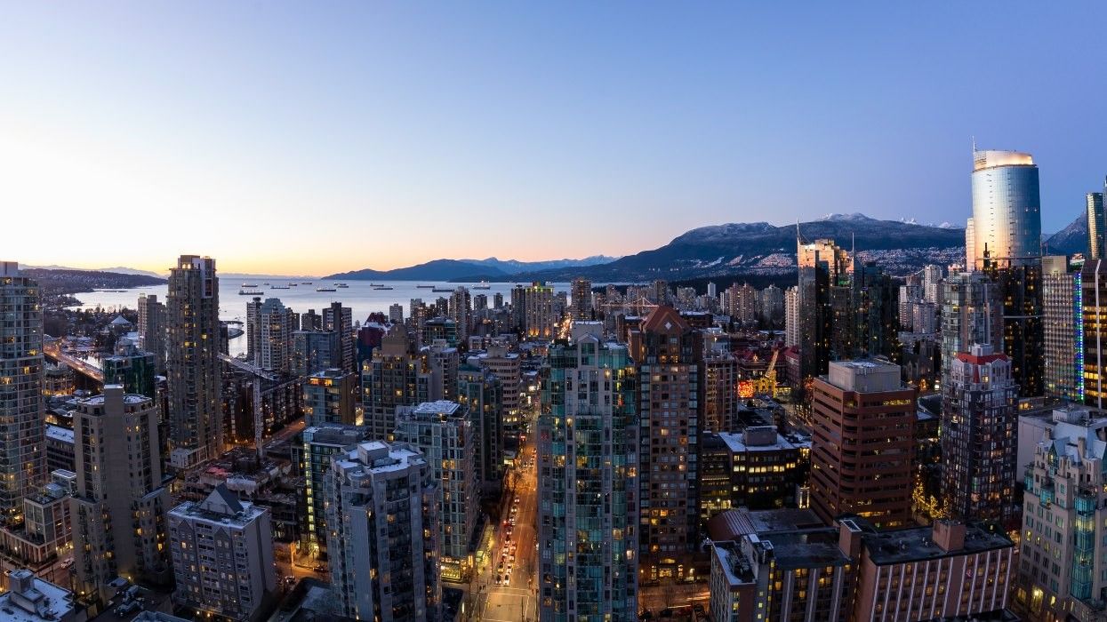 Aerial view of downtown Vancouver just before dusk.