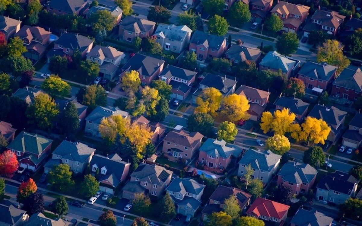 aerial view of homes in autumn
