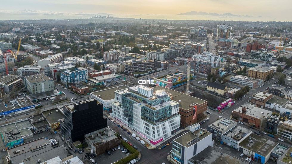 Aerial view of M2 in the Mount Pleasant area of Vancouver.