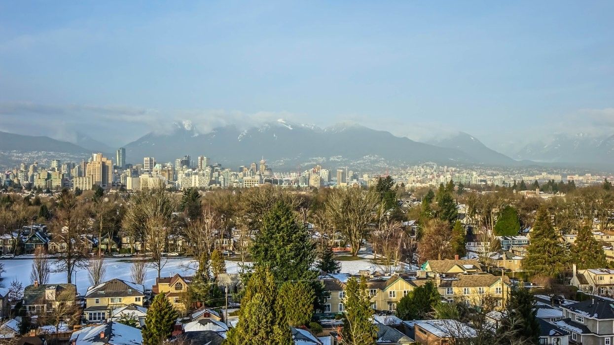 Aerial view of snowy East Vancouver.