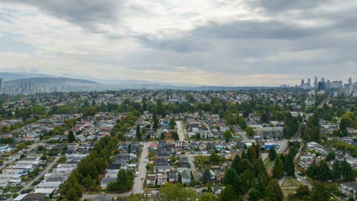 Aerial view of the neighbourhood around 2415-2483 East 26th Avenue in Vancouver.