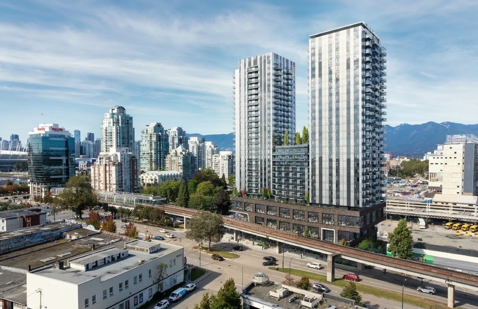 Aerial view of the proposal for 1220 Station Street in Vancouver.