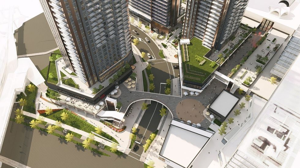 Aerial view of the three buildings from along Austin Road. / Arcadis, SHAPE Properties