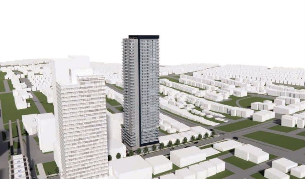 Aerial view of the tower proposed for 4975-4997 Joyce Street.