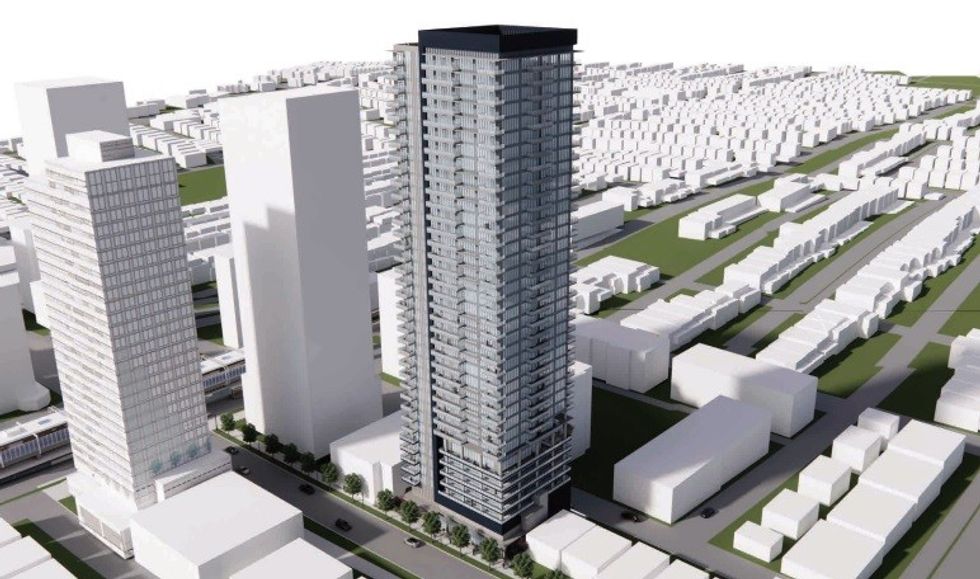 Aerial view of the tower proposed for 4975-4997 Joyce Street.
