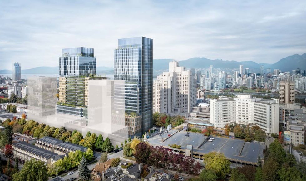Aerial view of the two towers and Vancouver General Hospital from a distance.