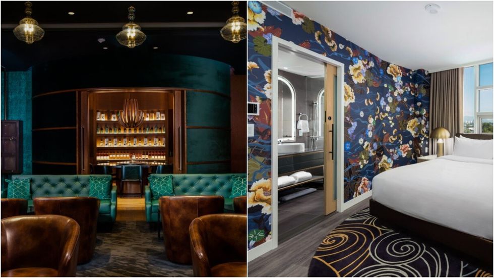 Amenity space (left) and a hotel suite (right) within the Versante Hotel in Richmond.