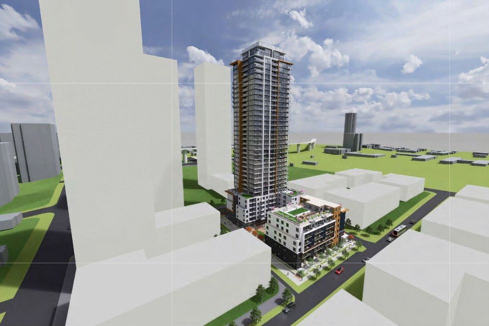 An aerial rendering of the proposed buildings.