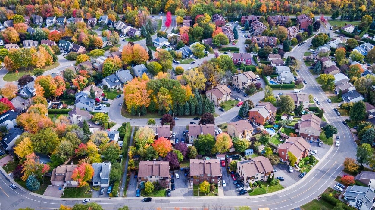 An aerial view of a residential neighbourhood in Canada during autumn.