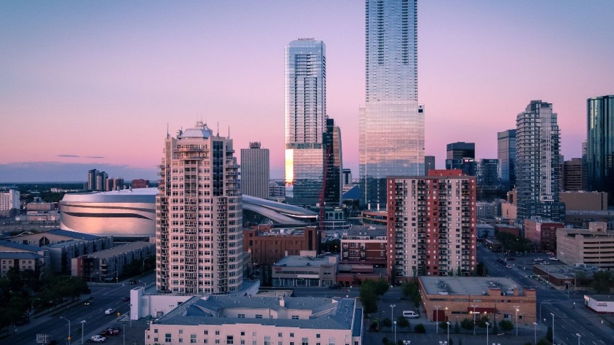 An aerial view of Downtown Edmonton at dusk.