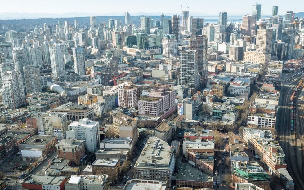 An aerial view of Downtown Vancouver with Cohen Block in the middle.