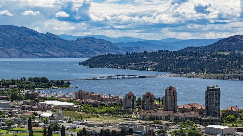 An aerial view of Kelowna and the Okanagan Lake.