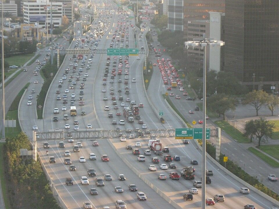 An aerial view of the I-610 highway loop in Houston, Texas