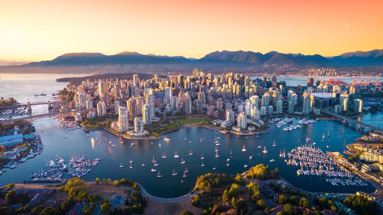 An aerial view of Vancouver at sunset.