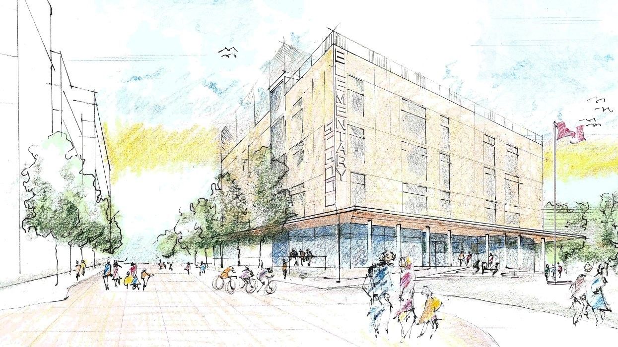 An artistic rendering of the new elementary school at 215 W 1st Avenue in Olympic Village.