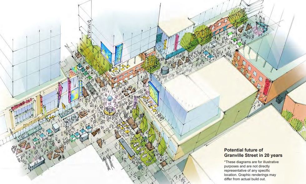 An artistic rendering of the public realm in the City Centre area of Granville Street.