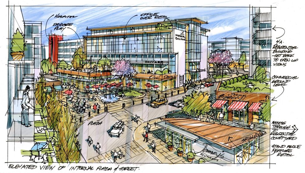 An elevated view of a plaza and street within the future Innovation District.