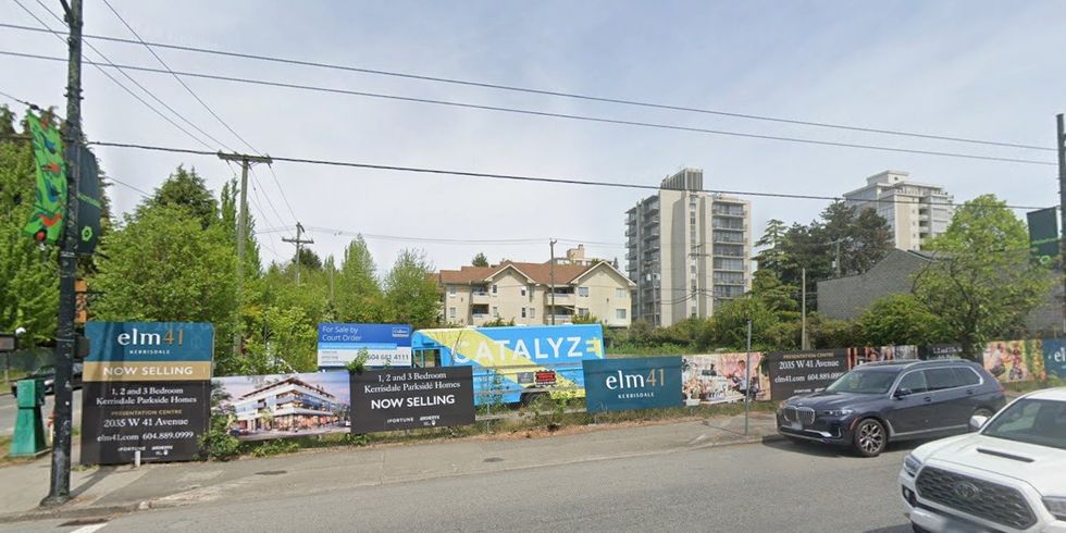 An empty lot with Elm41 signage and a "For Sale By Court Order" Colliers sign.