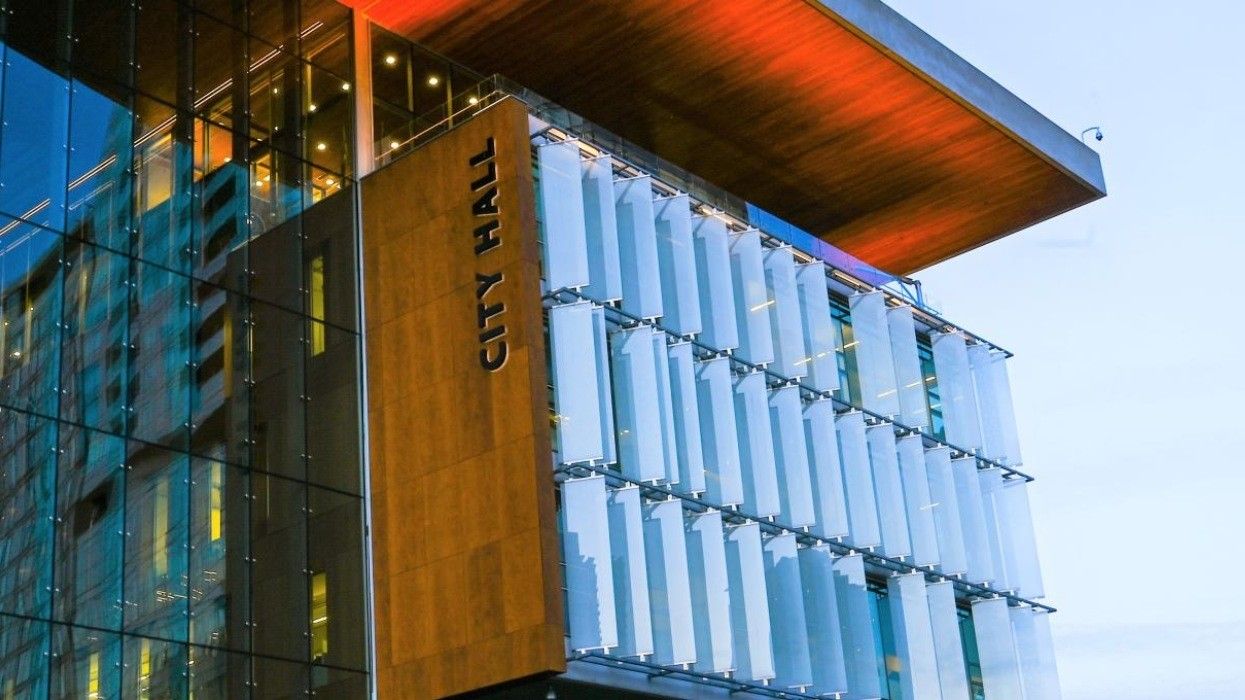 An exterior photo of Surrey City Hall.