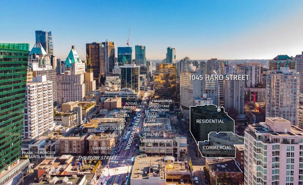 An image from CBRE's sales brochure showing 1045 Haro Street and 830-846 Thurlow Street.