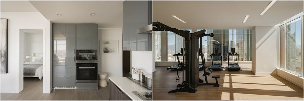 An interior of a Highline Metrotown unit (left) and the building's fitness centre (right). 