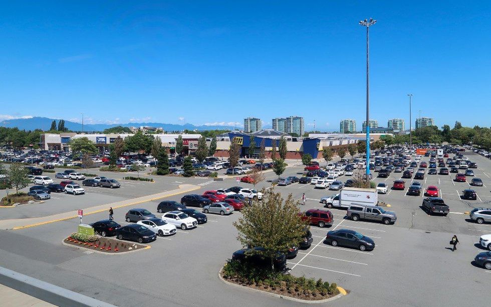 An overhead view of Lansdowne Centre in Richmond, BC, and its surface parking lot.