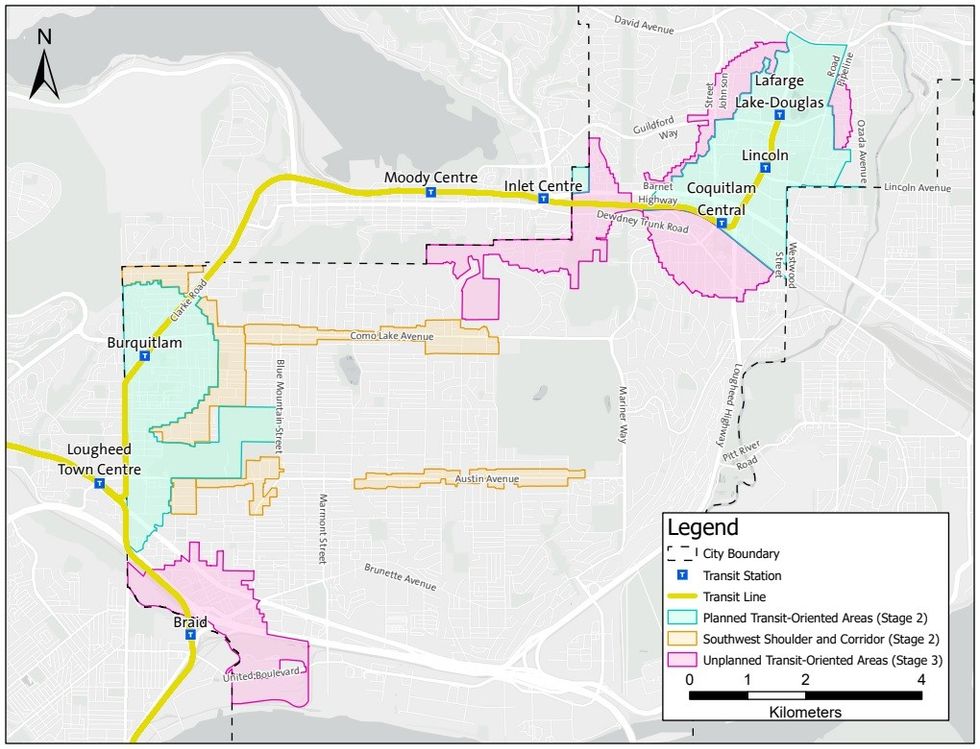 An overview of all of the transit-oriented areas, shoulders areas, and corridors in Coquitlam.