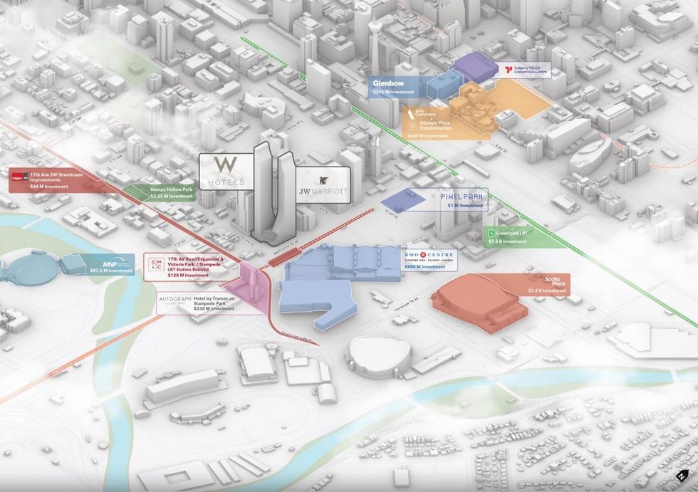 An overview of the Calgary's Culture + Entertainment District and the forthcoming hotels.