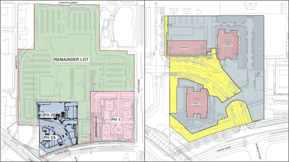An overview of the City of Lougheed Master Plan (left) and Phase Two (right).