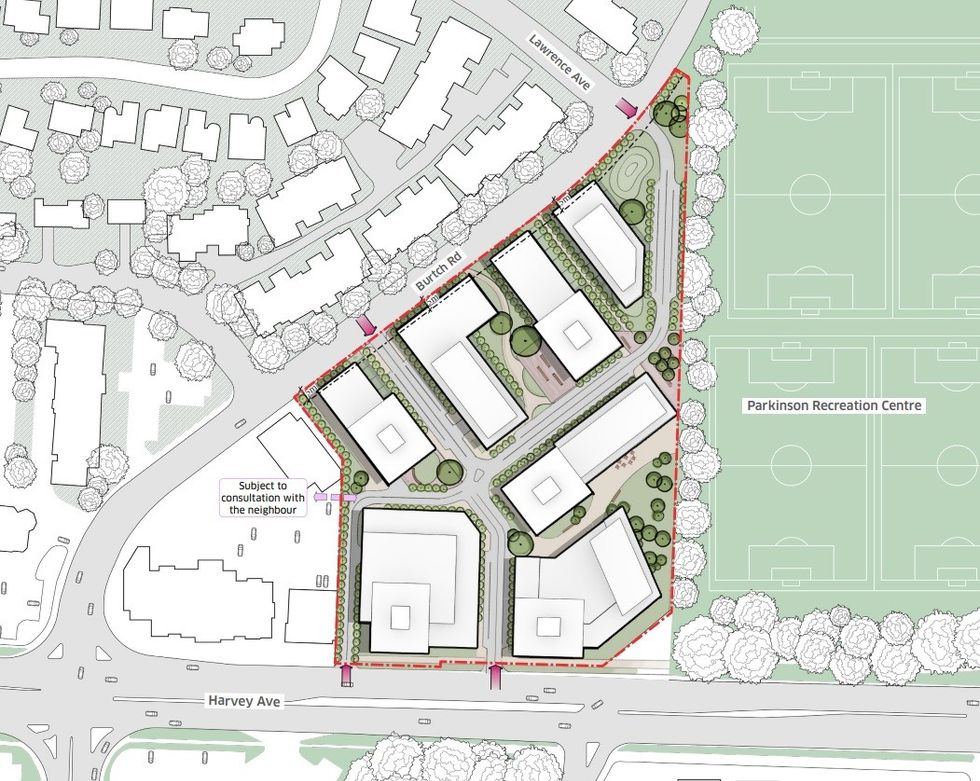An overview of the draft redevelopment plan and the seven buildings.