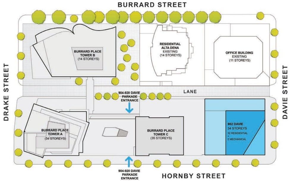 An overview of the full block bounded by Burrard Street, Davie Street, Hornby Street, and Drake Street in  Vancouver.
