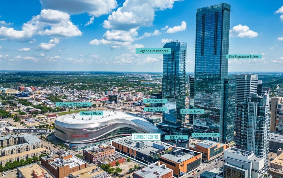 An overview of the ICE District in downtown Edmonton and the Connect Centre.