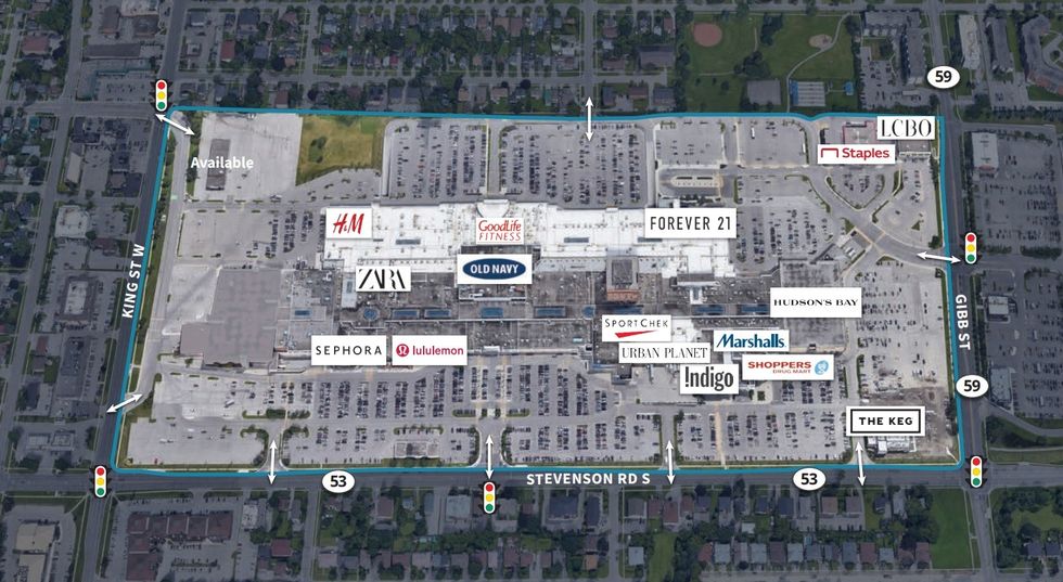 An overview of the Oshawa Centre mall at 419 King Street West in Oshawa, Ontario.