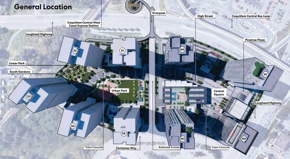 An overview of the Tri-City Central master plan planned in Coquitlam.