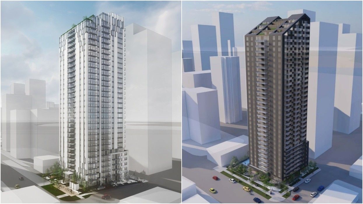 Anthem and Crestpoint's new design (left) and the previous design by Strand and Intracorp (right.)