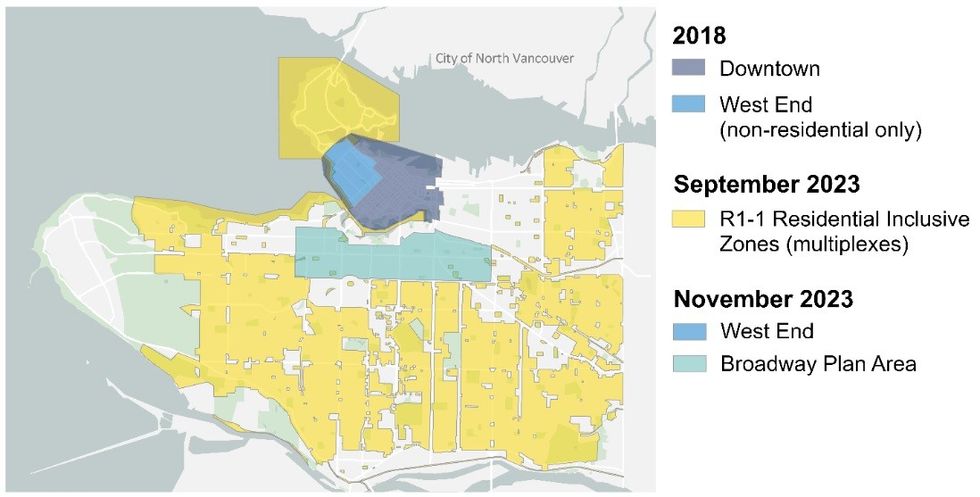Areas of Vancouver where minimum parking requirements were previously removed.