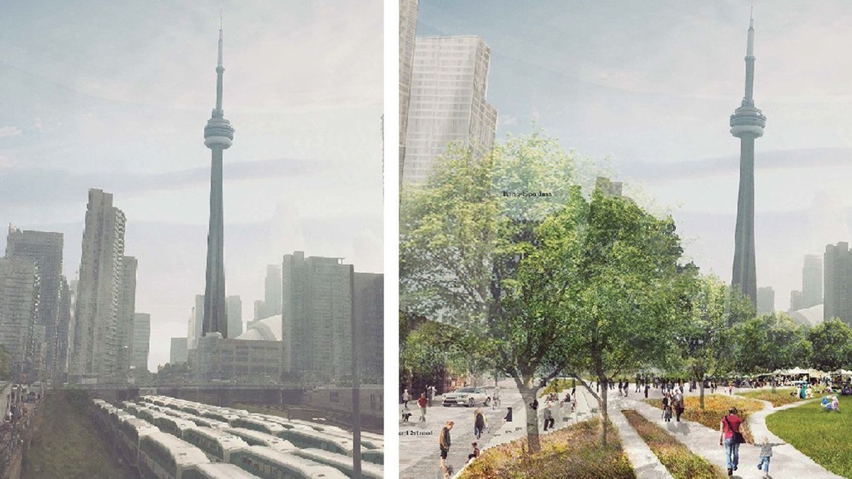 Before and after shot of Rail Deck park, which would be situated on Front Street between Bathurst Street and Blue Jays Way. (Photos by PUBLIC WORK)