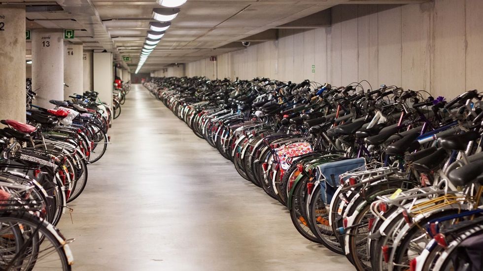 Bicycle parking in an underground parkade.