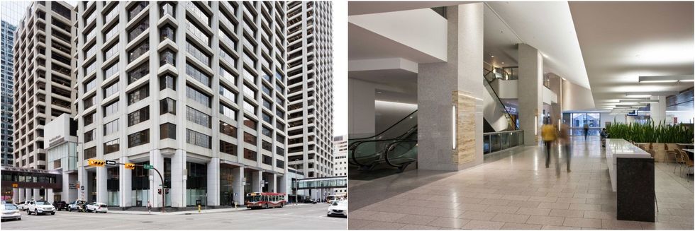 Bow Valley Square's exterior (left) and interior (right).