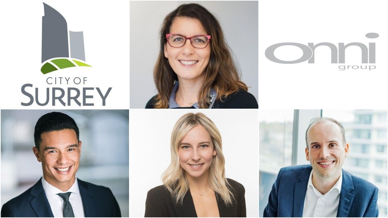 Clockwise from top centre: Wendy McNeil, Onni Group, Stefan Slot, Michelle Zerb, Jordan Curteanu, and City of Surrey.