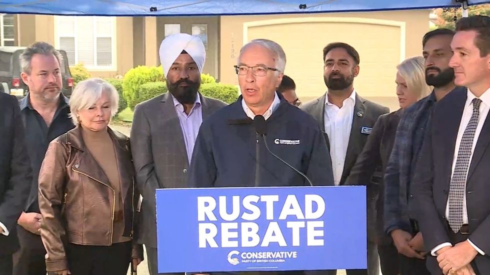Conservative Leader John Rustad announcing the "Rustad Rebate" on Monday.
