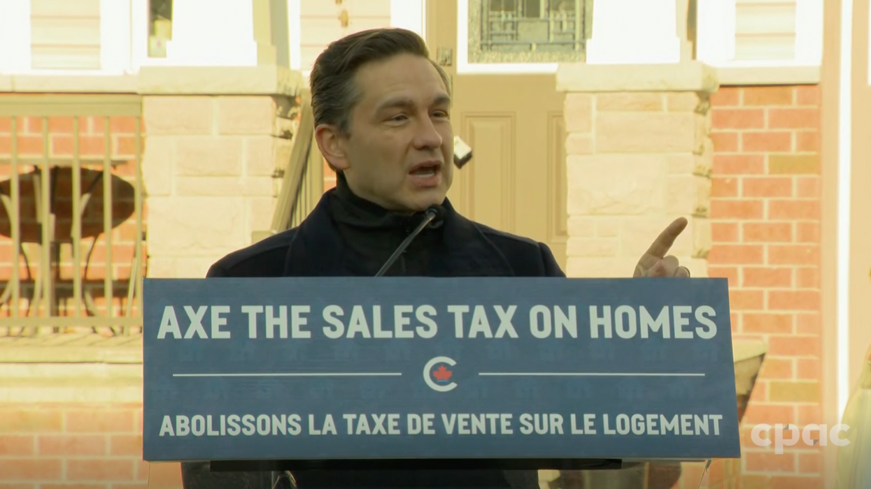 Conservative Leader Pierre Poilievre speaking at a press conference in Ottawa.