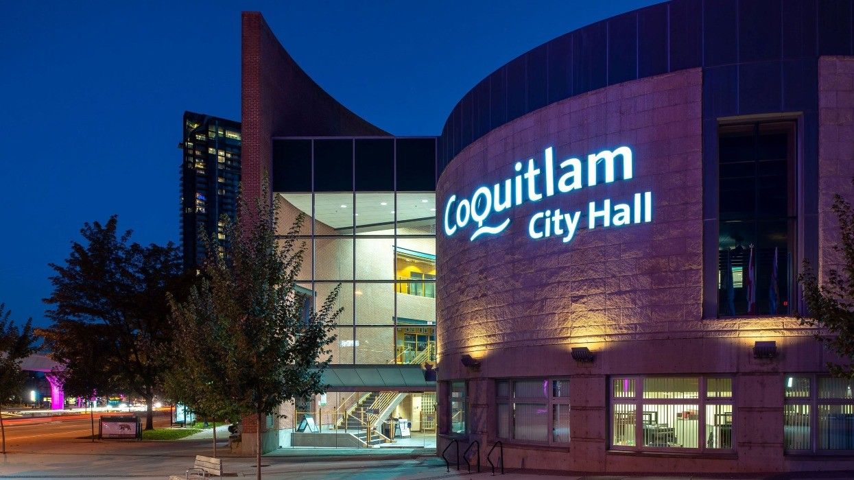 Coquitlam City Hall in the evening.