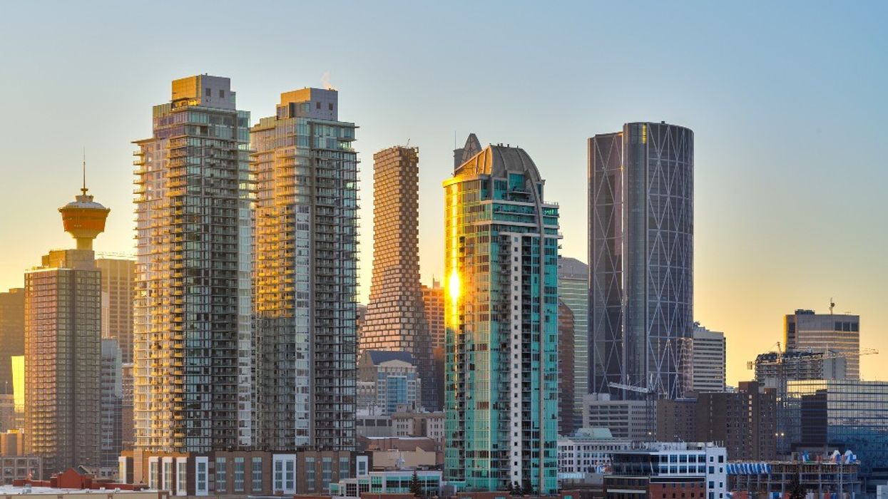Downtown Calgary as the sun sets.