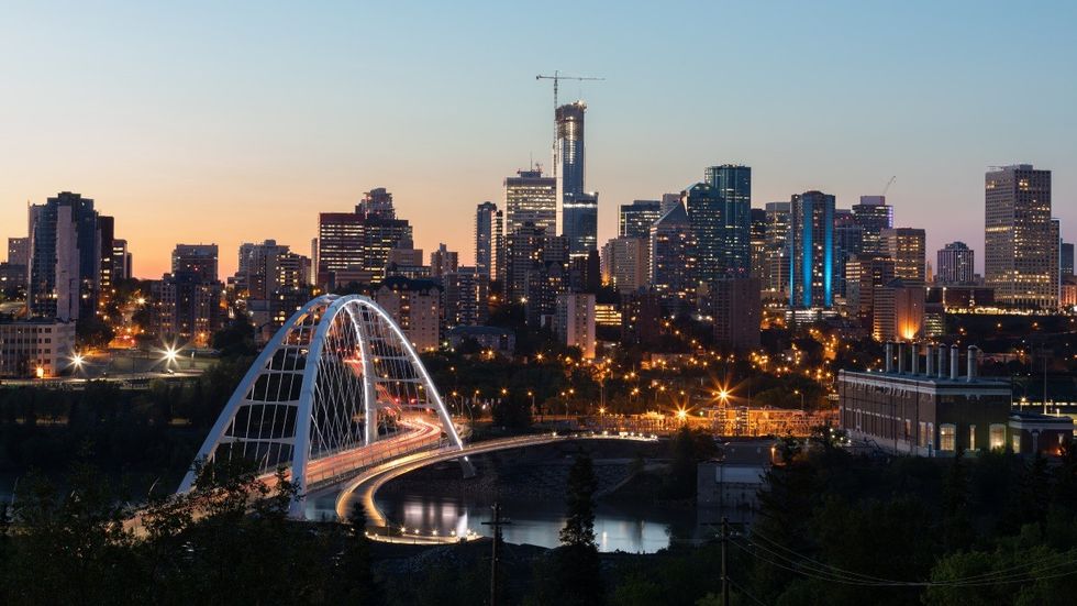 Downtown Edmonton at dusk.